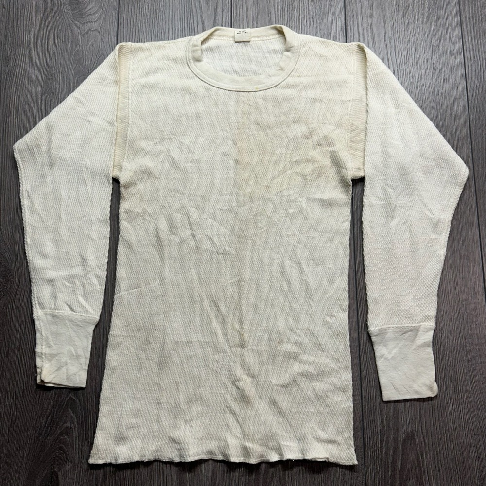 Vintage 80s Therm-Wear Thermal Shirt Mens Medium Cream Raschel Knit Made in USA
